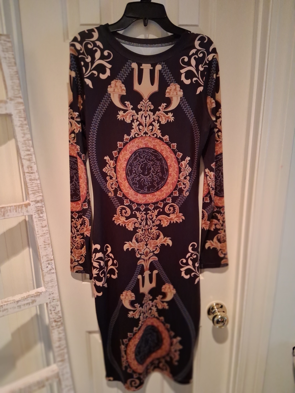 Long Sleeve Black Dress with Gold Baroque Print